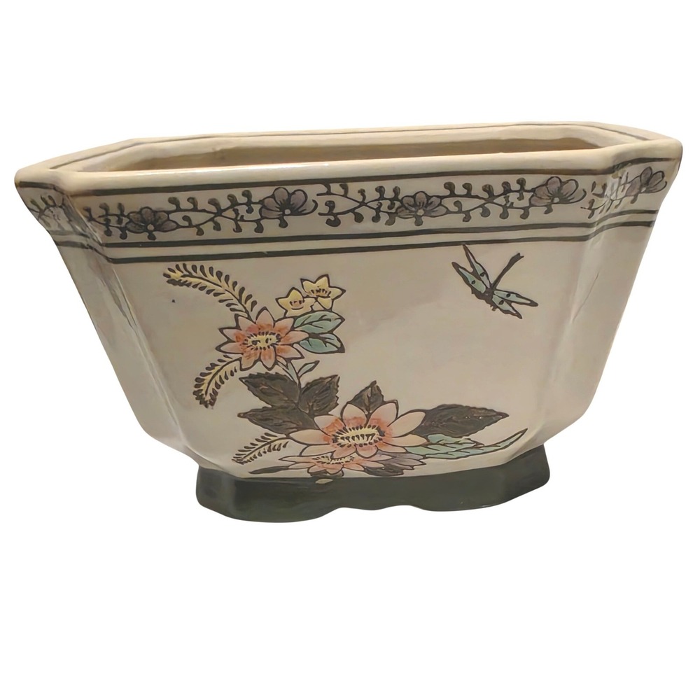 Vintage AAA Imports Decowave Fine Pottery Floral Dragonfly Octagonal Planter 7"